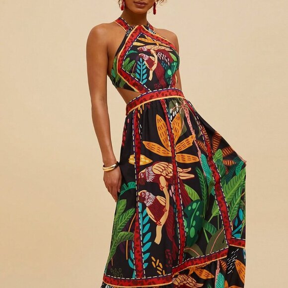 Black Boho Women's Palm Tree Print Strapless Hollow Out Dress - Picture 3 of 6